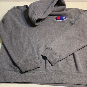 Champion Gray Hoodie with Red & Blue Logo Patch